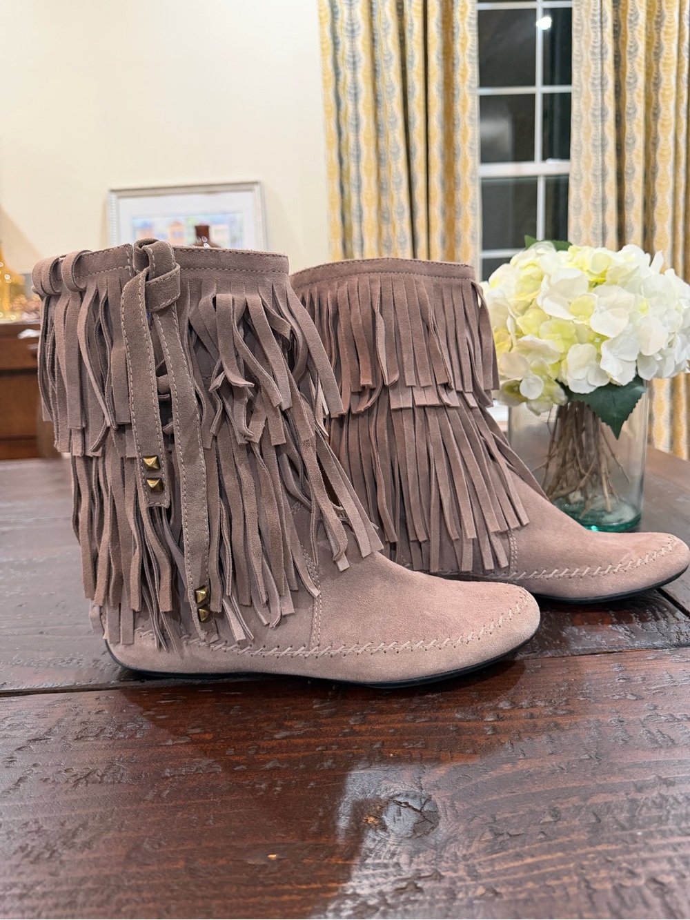 Y2K Boho Suede Fringe Mid Calf Boots Juicy Couture Taupe Studded 8.5